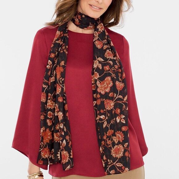 NEW Chico’s Black & Orange Sheer Jacobean Floral Oblong Scarf One Size - Picture 8 of 9